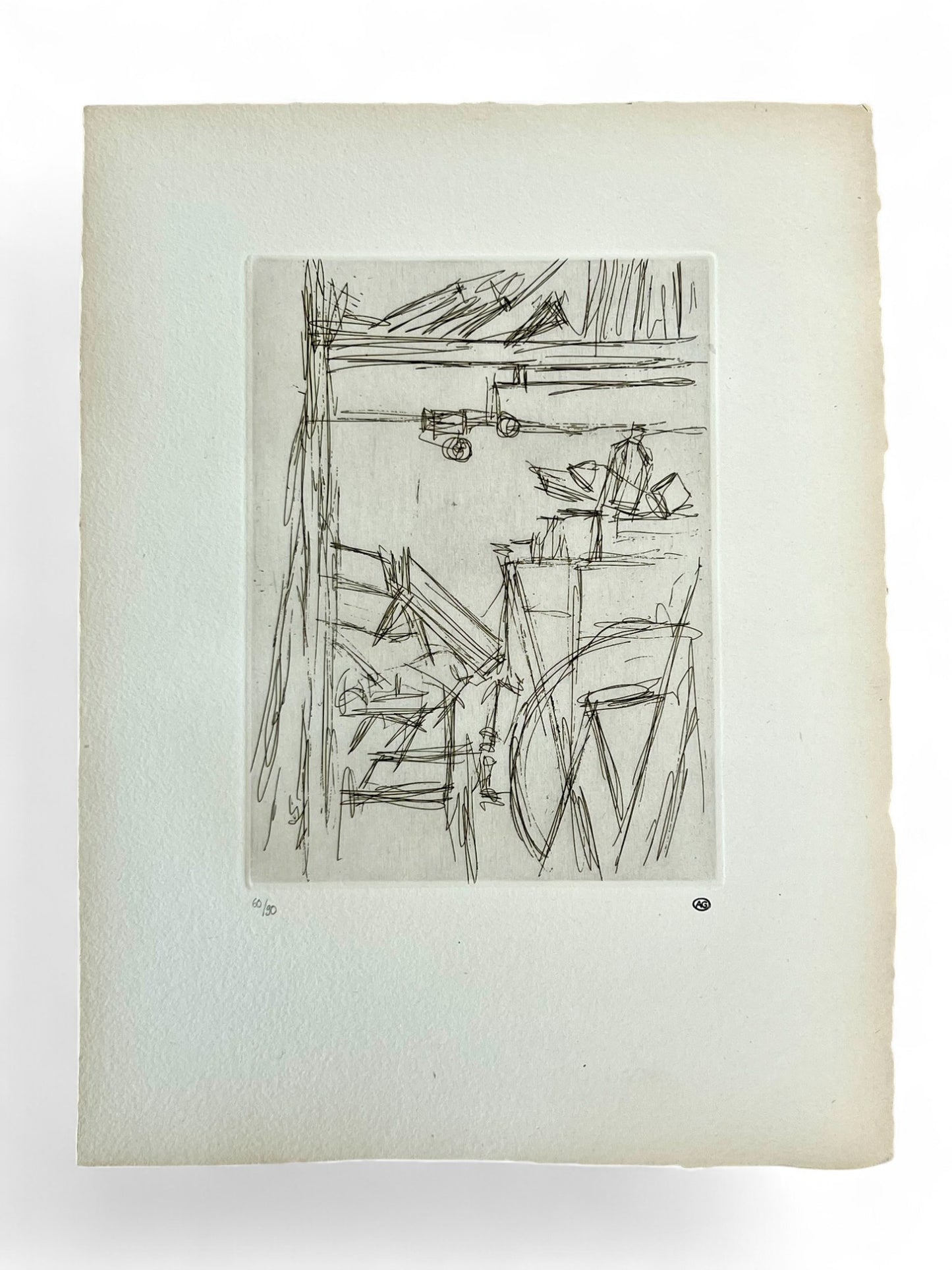 Radierung Coin de l’atelier de Diego I von Alberto Giacometti mit Atelierdarstellung, stempelsigniert und nummeriert