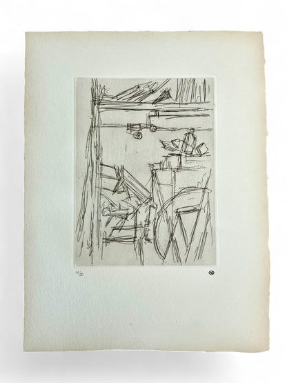 Radierung Coin de l’atelier de Diego I von Alberto Giacometti mit Atelierdarstellung, stempelsigniert und nummeriert