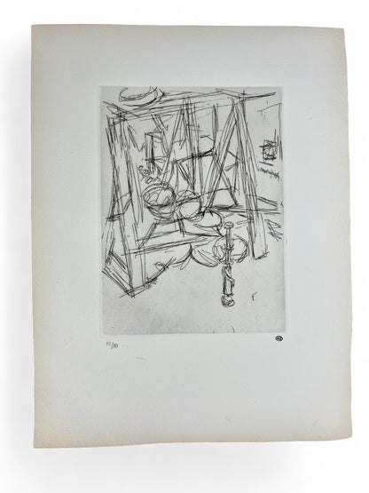 Radierung Coin de l’atelier de Diego II von Alberto Giacometti mit Atelierdarstellung, stempelsigniert und nummeriert