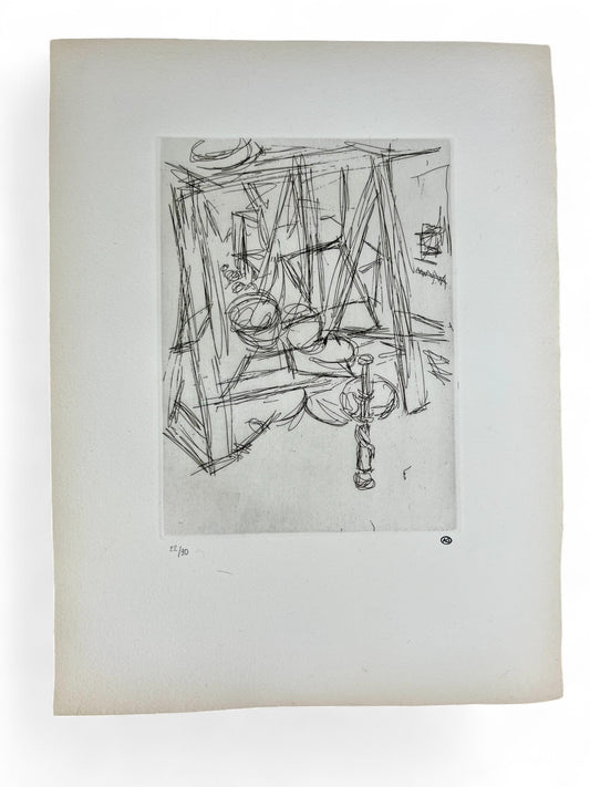Radierung Coin de l’atelier de Diego II von Alberto Giacometti mit Atelierdarstellung, stempelsigniert und nummeriert