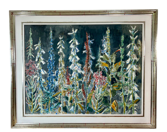 Ölgemälde von Alois Carigiet aus dem Jahr 1947 mit expressiver Darstellung alpiner Blumen in kräftigen Farben vor dunklem Hintergrund