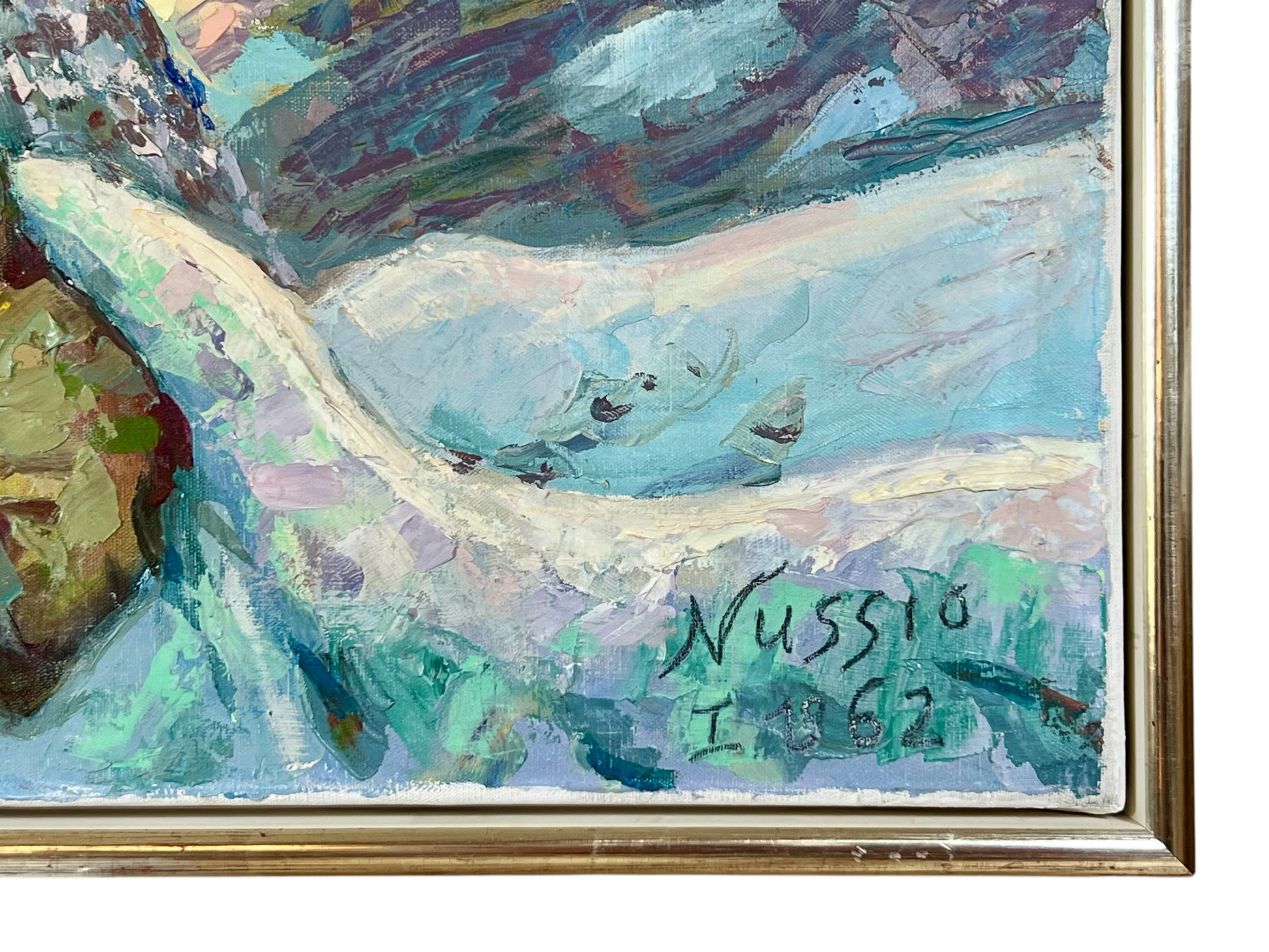 Signatur „Nussio 1962“ unten rechts auf dem Wintergemälde
