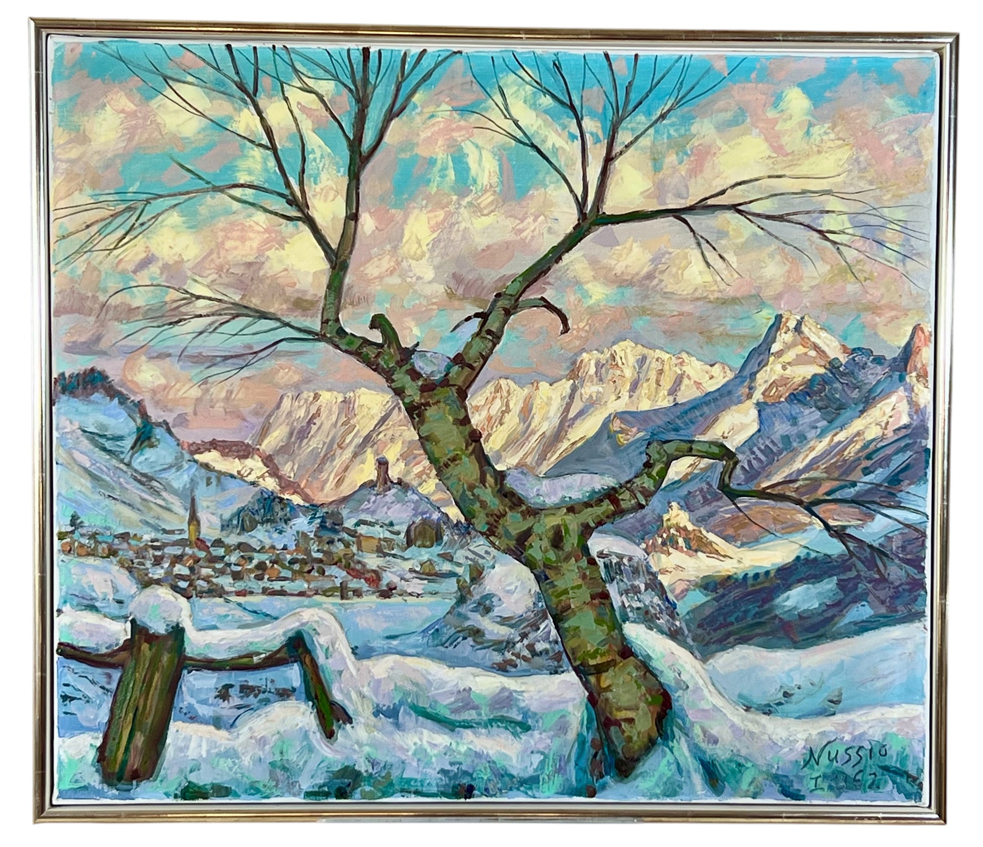 Wintergemälde von Oscar Nussio, Engadin, verschneite Landschaft mit Ardez, Tarasp und Silvretta-Gruppe