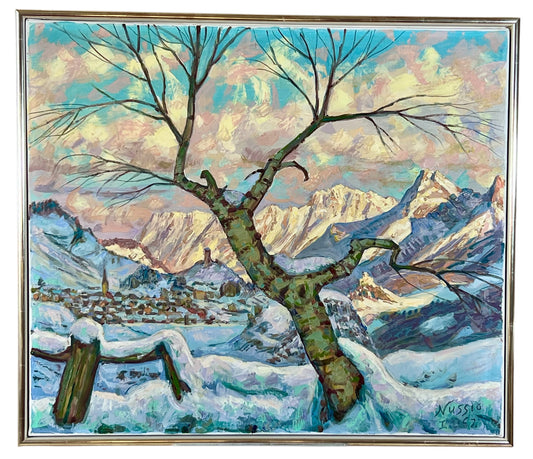 Wintergemälde von Oscar Nussio, Engadin, verschneite Landschaft mit Ardez, Tarasp und Silvretta-Gruppe