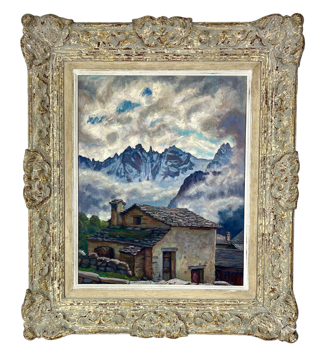 Gemälde von Oscar Nussio: Soglio im Bergell mit Sciora-Gruppe, Öl auf Holz, 50×40 cm, im dekorativen Rahmen.