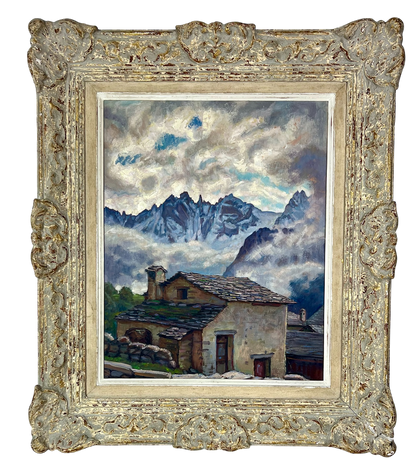 Gemälde von Oscar Nussio: Soglio im Bergell mit Sciora-Gruppe, Öl auf Holz, 50×40 cm, im dekorativen Rahmen.