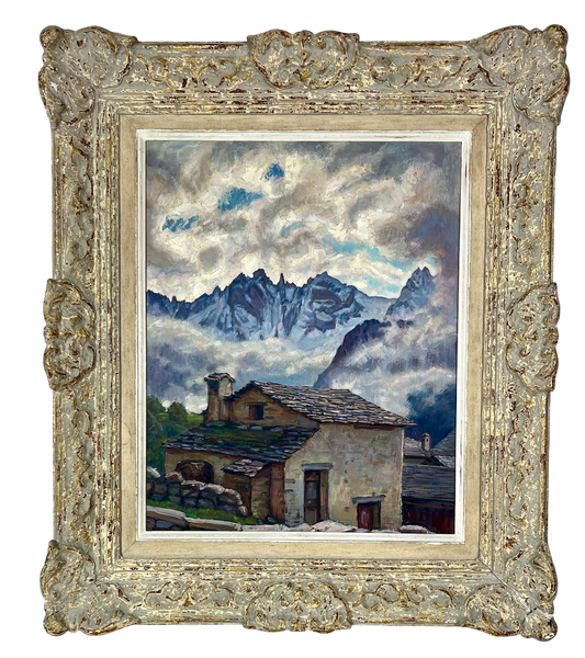 Gemälde von Oscar Nussio: Soglio im Bergell mit Sciora-Gruppe, Öl auf Holz, 50×40 cm, im dekorativen Rahmen.